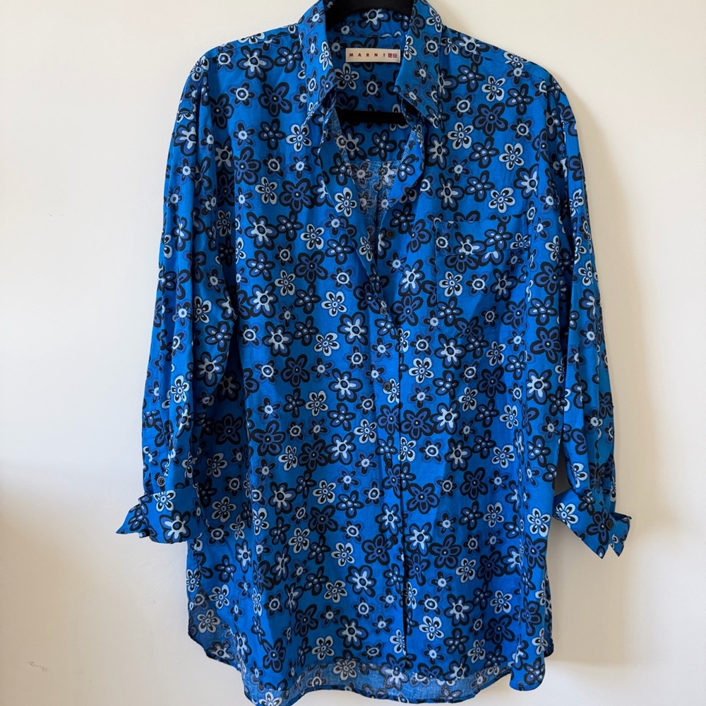 Marni Uniqlo Oversized Floral Button Down Shirt Blue Size XS